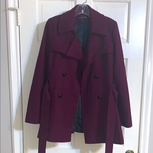 Via Spiga Burgundy Double-Breasted Wool Blend Trench Coat